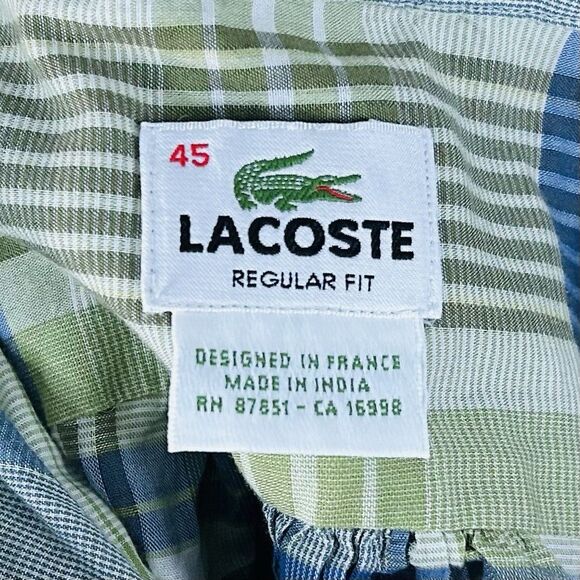 Lacoste XL (45) Casual Button Front Shirt Green Blue Plaid Cotton Long Sleeve - Picture 3 of 5
